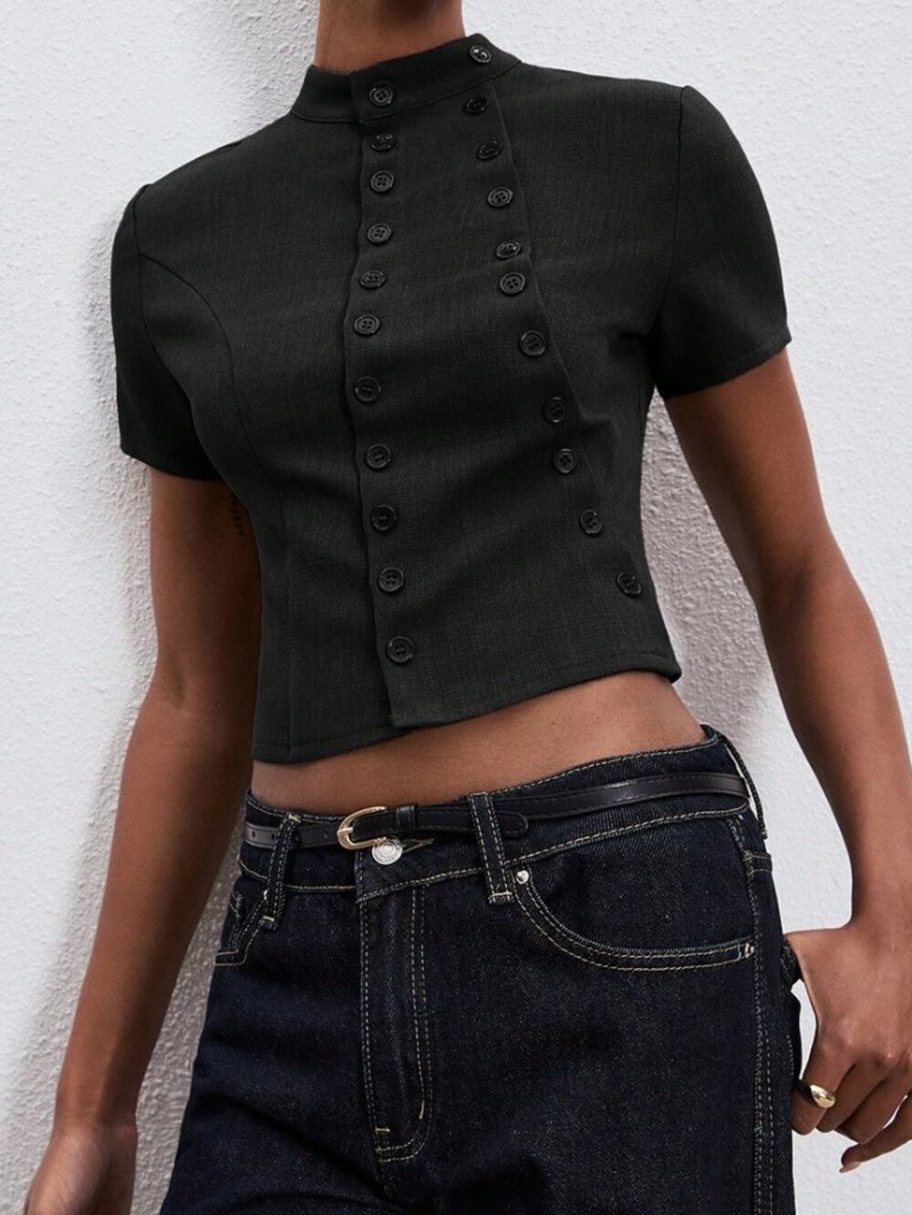 Black Casual Women's Double-Breasted Short Sleeve Blouse - Picture 3 of 6